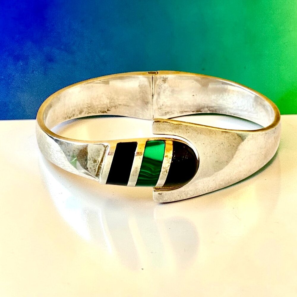 Vintage Mexican 925 Sterling Silver Malachite Onyx Hinged Bangle Bracelet 52g